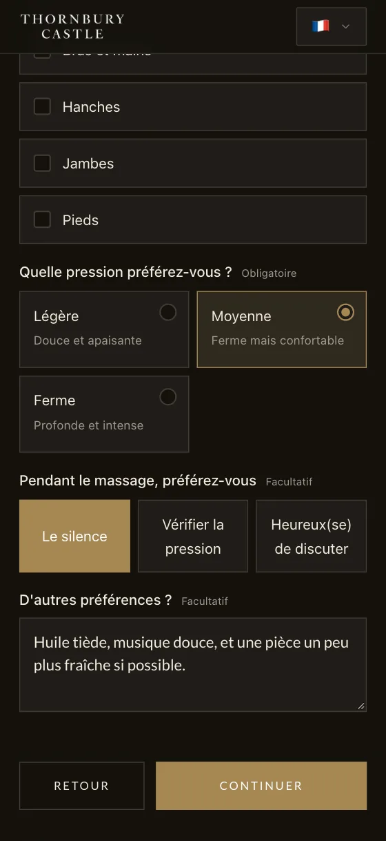 Le même formulaire de massage sur téléphone : la pression préférée et le déroulé souhaité