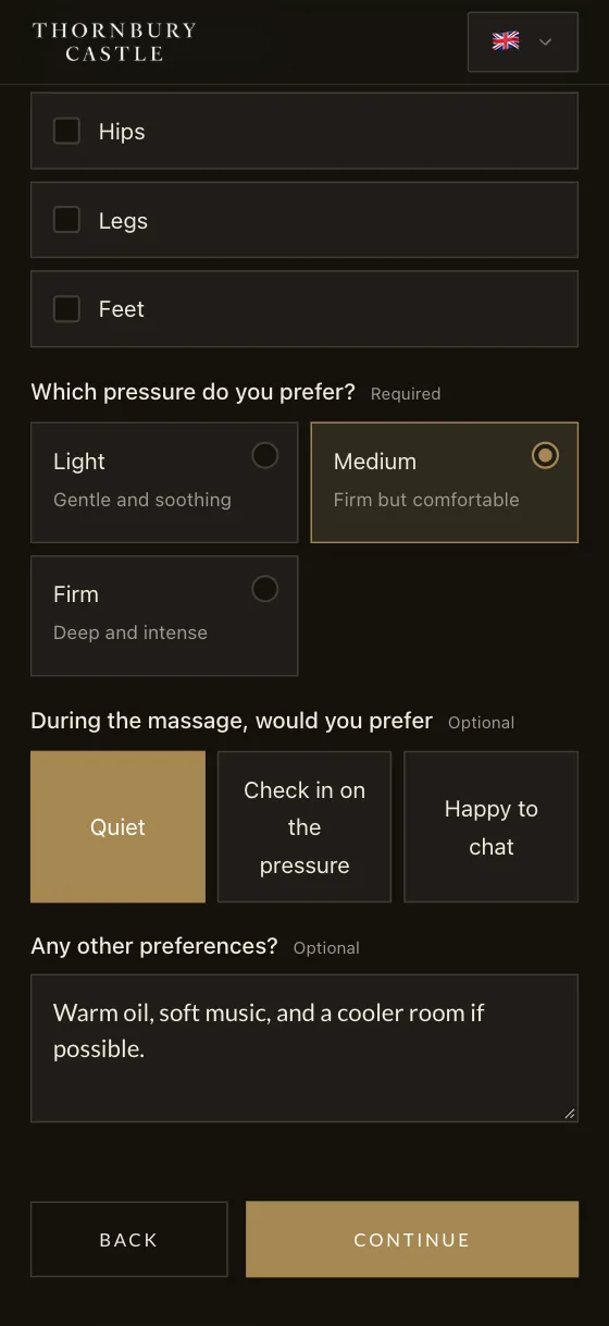 The same massage form on a phone: the pressure the guest prefers and how they like the session to go