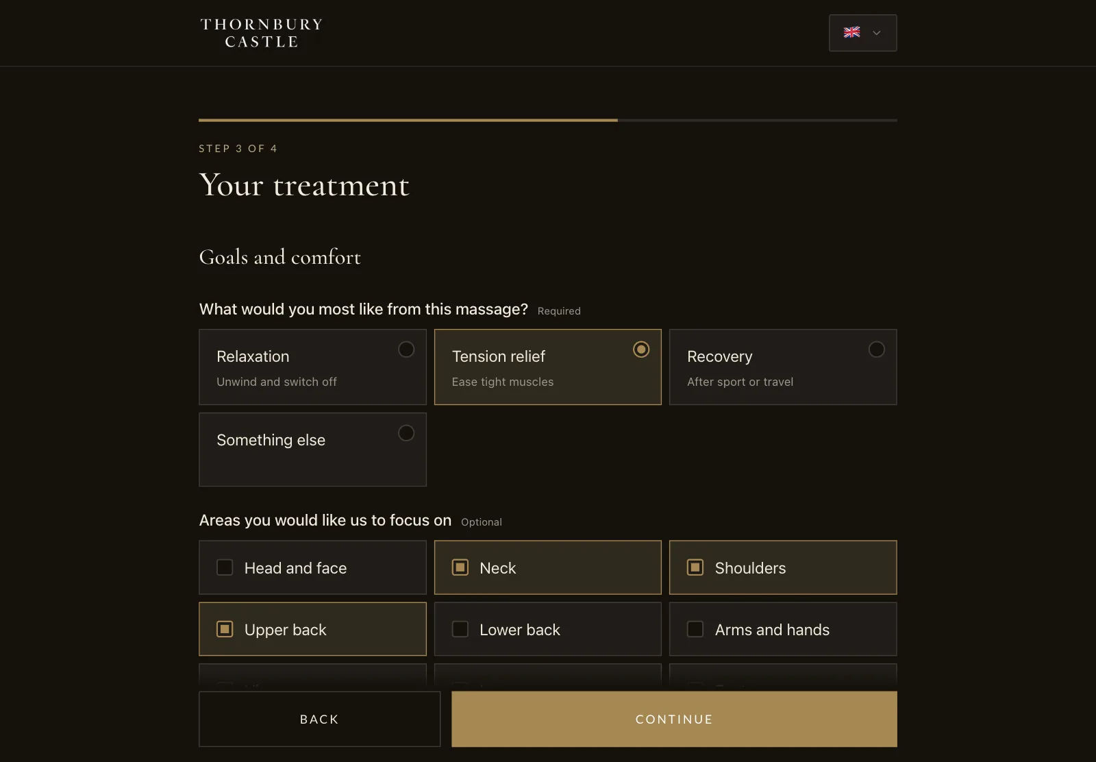A massage form on a tablet: what the guest wants from the massage and the areas to focus on