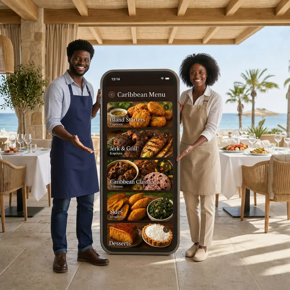 VenueStory menu in a Caribbean beach restaurant