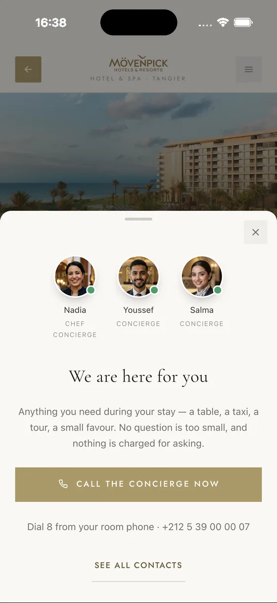 The concierge contact sheet sliding up over the guest portal
