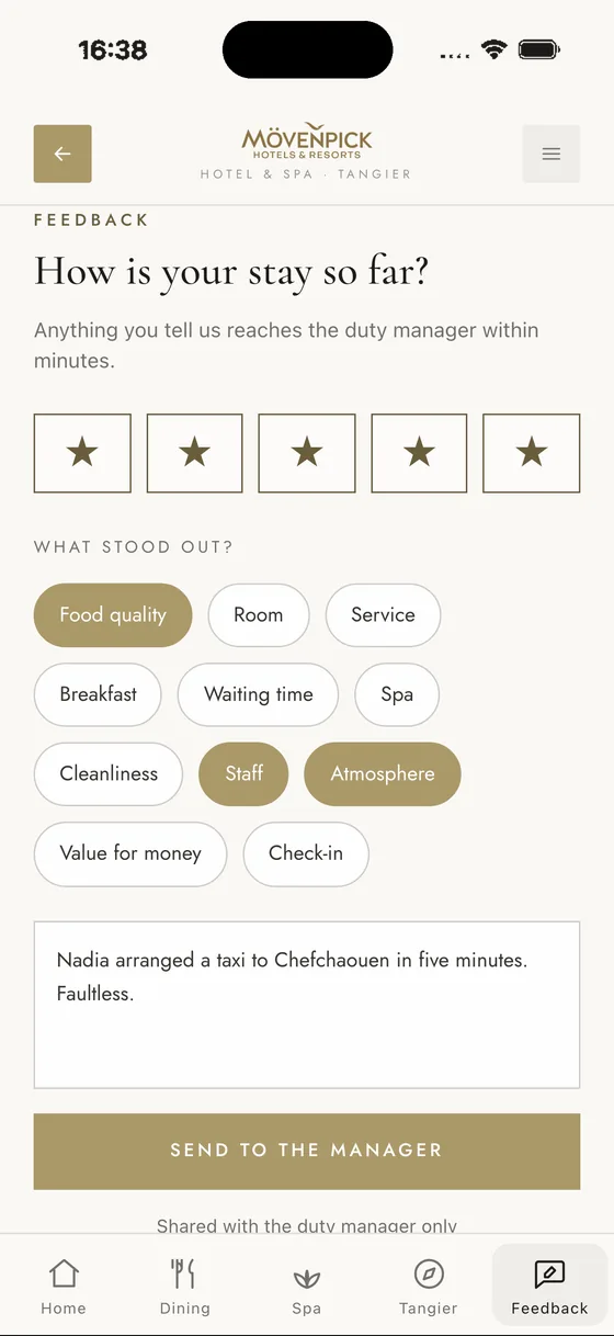 The rating page inside the guest portal, with stars and reason chips