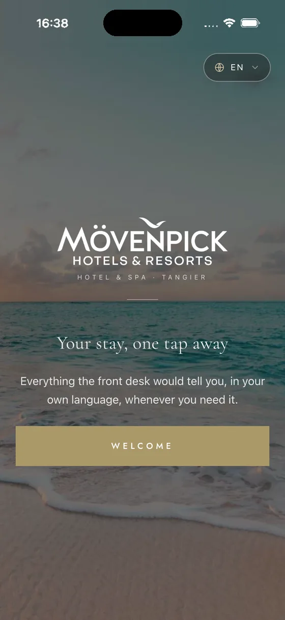 A hotel guest portal opening on a full-screen welcome film