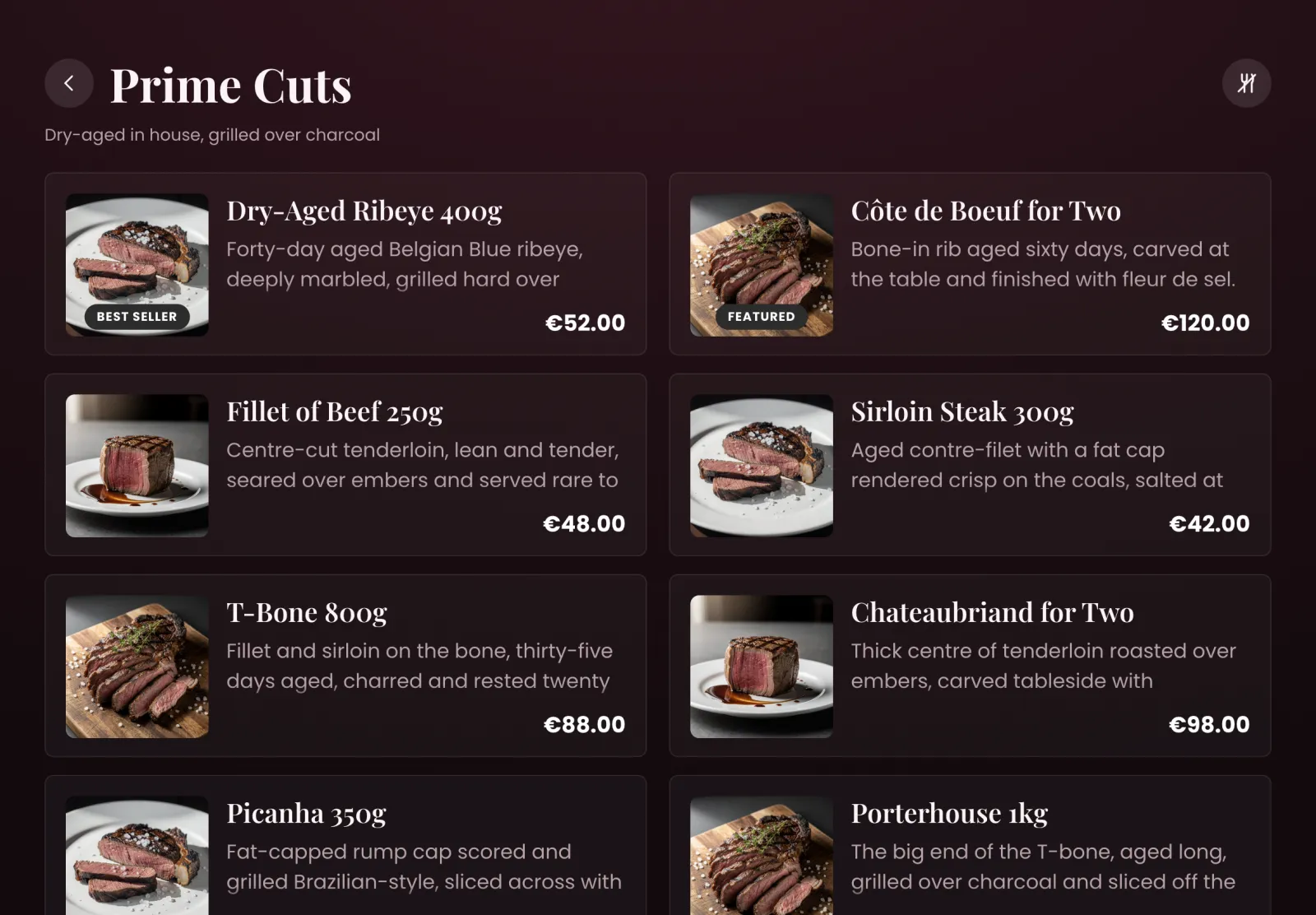 A menu running on a tablet in kiosk mode, showing dishes with photos and prices