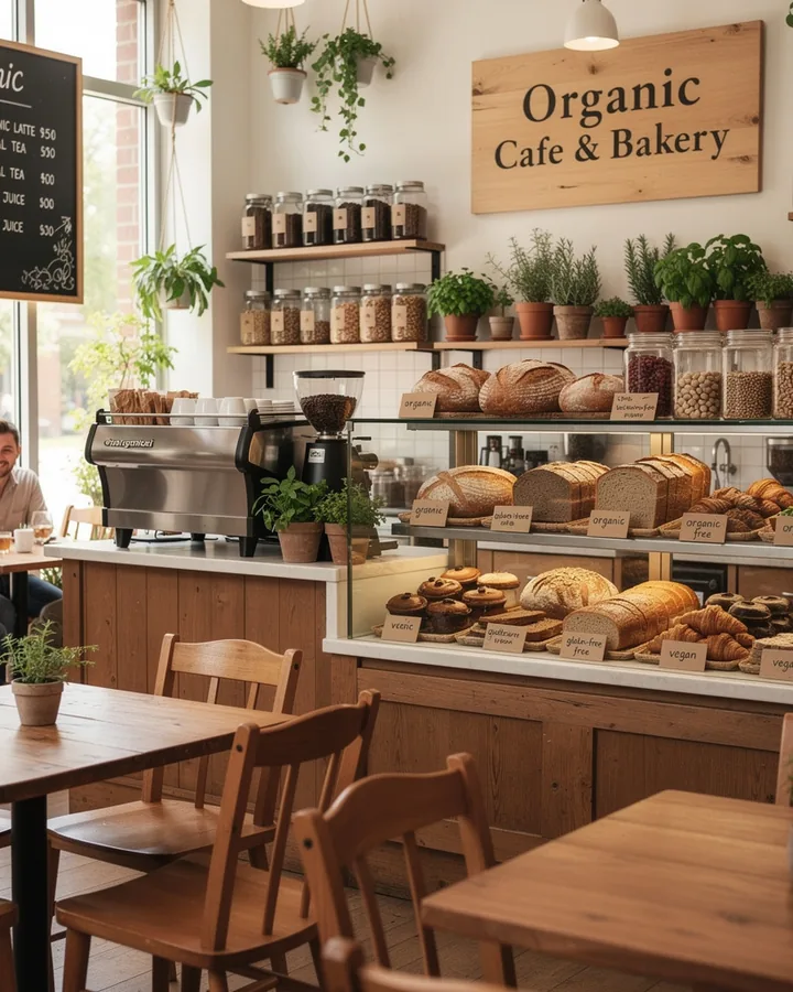 Organic cafe and bakery counter with fresh bread and coffee