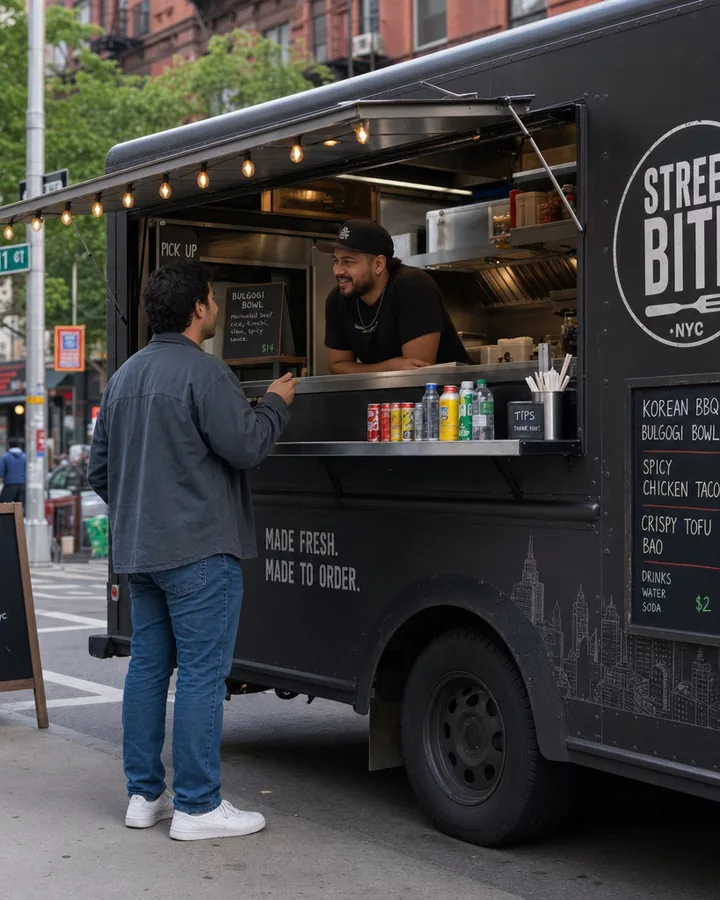 Customer ordering at a street food truck window