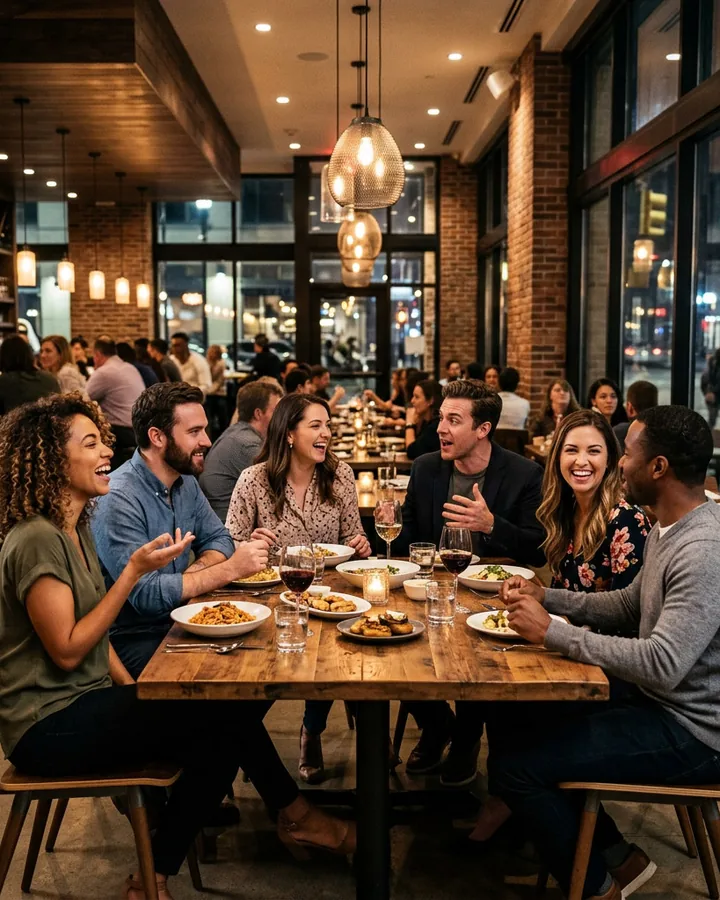 Friends dining together at a lively restaurant table