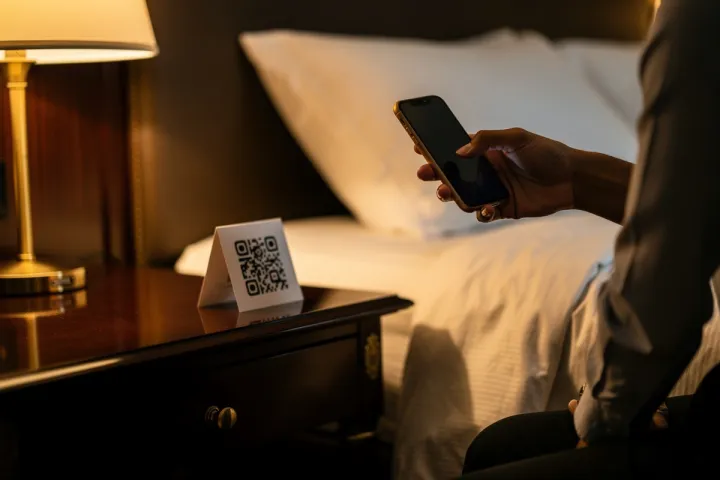 A guest in a hotel room holding a phone up to a QR card on the bedside table