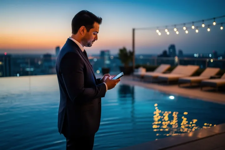 A duty manager typing on a phone beside a rooftop pool at dusk